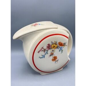 Vtg 40s Art Deco Disc Tilt Pitcher Lid Floral Red Trim Cream Ceramic